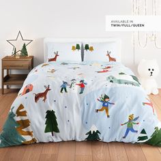 Snowy day holiday christmas winter themed bedding in twin full and queen size. Features snowy mountains, reindeer, arctic bunnies, snowmen and polar bear. Christmas bedding set, Christmas duvet. Flora Waycott, Sateen Bedding, Snowy Hills, Holiday Bed, Kids Twin Bed, Bedroom Addition, Big Kid Bed, Kids Bedding Sets, Christmas Bedding