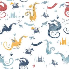 sample dragons blue multi wallpaper from the tiny tots 2 collection by galerie wallcoverings 1 Dragons Wallpaper, Knight On Horse, Dinosaur Wallpaper, Bright Wallpaper, Paper Wallpaper, Wallpaper Calculator, Nursery Wallpaper, Dragon Design, Wallpaper Bedroom