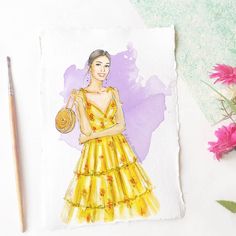 a drawing of a woman in a yellow dress