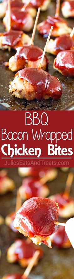 bbq bacon wrapped chicken bites on skewers with toothpicks in them