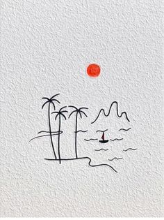 a drawing of palm trees and a boat on the water with a red sun in the background