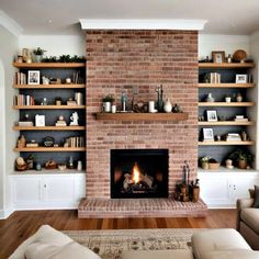 a living room filled with furniture and a fire place in the middle of a fireplace