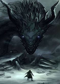 a man standing in front of a giant dragon on top of a snow covered mountain