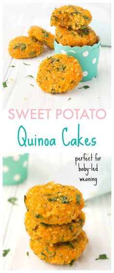 sweet potato quinoa cakes are stacked on top of each other and ready to be eaten