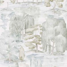 watercolor painting of trees and bushes in the snow