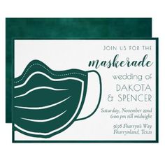 a green and white masquerade wedding card