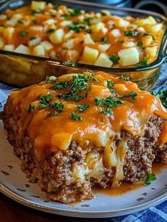 a close up of a plate of food with meat and potatoes in the casserole