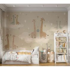 a child's bedroom with giraffes and clouds on the wall