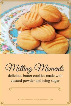 cookies on a plate with the words melting moments delicious butter cookies made with custard powder and icing sugar