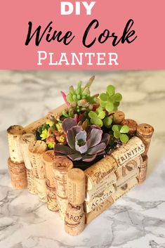 a wine cork planter with succulents in it and the words diy wine cork planter