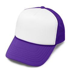 a purple and white trucker hat on a white background with clipping for text