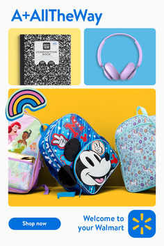 the back to school ad is shown with headphones and backpacks on it's side