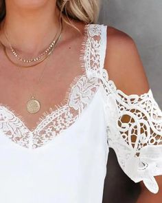 Lasaky - Contrast lace off-the-shoulder top Chic Summer Lace Top With Delicate Details, Chic Delicate Lace Summer Top, White Off-shoulder Top For Party, White Lace Top With Lace Sleeves For Summer, Summer Cold Shoulder Off-shoulder Top, Elegant Cold Shoulder Summer Top, Elegant Cold Shoulder Top For Summer, Elegant Summer Cold Shoulder Top, Chic Summer Lace Top With Lace Sleeves