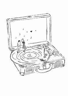 a black and white drawing of a turntable with two people on it in front of an open suitcase