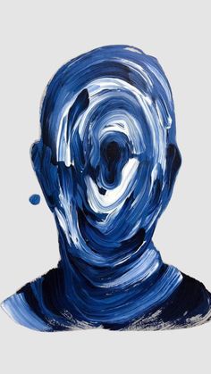 an abstract painting of a man's head with blue swirls