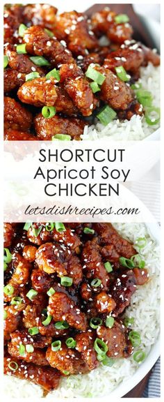 two plates filled with chicken and rice on top of each other, the words shortcut apricot soy chicken