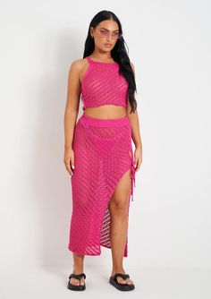 Saffiyah Pink Crochet Knit Beach Crop Top And Midi Skirt Set | Women's Co-Ords | MissyEmpire | Missy Empire – MISSYEMPIRE Beach Crop Top, Crop Top And Midi Skirt, Beach Crop Tops, Midi Skirt Set, High Neck Crop Top, Pink Crochet, Co Ords, Holiday Looks, Beach Babe