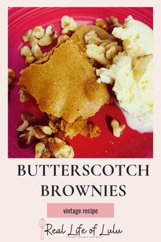 butterscotch brownies on a red plate with walnuts and icecream