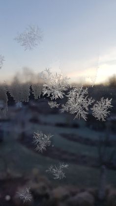 snow flakes are seen through the frosted window