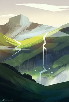 an abstract painting of mountains and roads