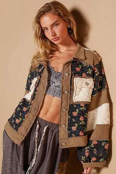 Loose fit  Raw edge hem Oversized Bohemian Outerwear With Pockets, Bohemian Brown Outerwear With Pockets, Bohemian Long Sleeve Outerwear With Floral Patchwork, Bohemian Long-sleeved Floral Patchwork Outerwear, Vintage Floral Patchwork Outerwear For Fall, Oversized Bohemian Cotton Outerwear, Bohemian Oversized Cotton Outerwear, Bohemian Multicolor Outerwear With Floral Patchwork, Hippie Spring Outerwear With Patchwork