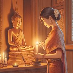 a painting of a woman lighting a candle in front of a buddha statue