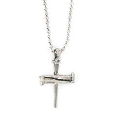 - Three Nails Cross Necklace - Lead free pewter with antique silver finish - Nails placed on top of one another - 30 inch aluminum ball chain - Pendant measures 7/8 x 1 1/2 inches Cross Nail Designs, Nail Cross Necklace, Nail Place, Christian Jewelry, The Gospel, Cross Designs, Chain Pendant, Ball Chain, Chain Pendants