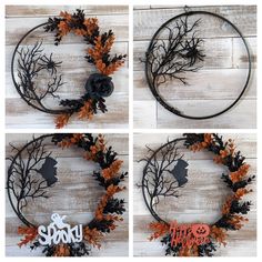 four different pictures of the same wreath made out of metal wire and fake leaves with words spooky on it