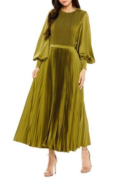 A verdant vision defines an olive-green midi that's swirled in pleats and ready for the dance floor. 48 1/2" length Hidden back-zip closure Jewel neck Long sleeves with four-button cuffs Lined 100% polyester Spot clean Imported Asian & Pacific Islander Owned/Founded Olive Green Long Sleeve Dress, 2024 Fall Wedding Guest Dresses, Modest Green Dress, Jewel Tone Dresses, Wedding Guest Dress Long Sleeve, Holiday Party Looks, Tea Length Formal Dresses, Autumn Coats, Green Evening Gowns