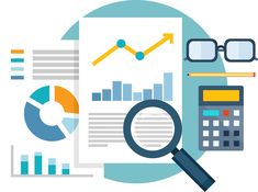 a calculator, magnifying glass and papers with graphs