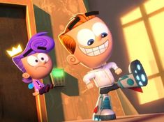 two cartoon characters standing next to each other in front of a door with a light shining on them