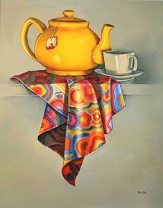 a painting of a yellow teapot and cup on a table cloth with a saucer