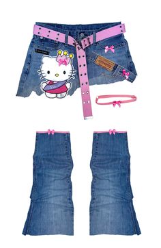 DENIM HELLO KITTY SKIRT + LEG WARMERS | Shay Kawaii Strawberry Coin Purse, Hello Kitty Jeans, Hello Kitty Patch, Hello Kitty Skirt, Skirt Leg Warmers, Pastel Core, Reconstructed Denim, Pink Garter, Rave Fits