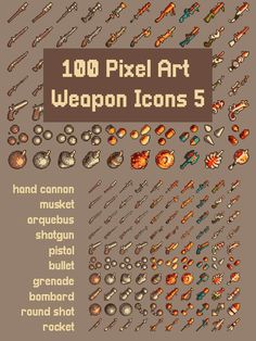 100 Pixel Art Weapon Icons Pack 5 References Drawings, Pixel Items, Bullet Icon, Minecraft Anime, Pixel Art Games, 8 Bits, Rpg Maker, Pixel Art Design, Art Icon