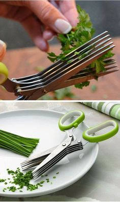 there are two pictures one has scissors and the other has parsley on top of it