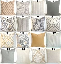 pillows with different patterns and sizes are shown in the image, along with numbers for each pillow