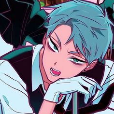 an anime character with blue hair and green eyes wearing white gloves, sitting on a chair