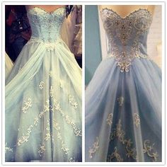 two pictures of dresses on display in a store, one is blue and the other is white