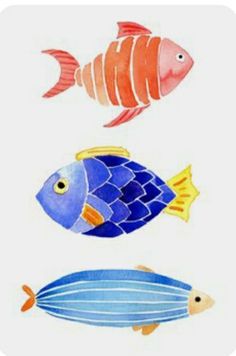 three different colored fish are shown in this watercolor painting technique, one is blue and the other is orange