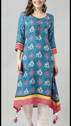 Kurti Simple, Indo Western Dresses, Asymmetric Kurta, Fancy Fabric, Western Festival, Straight Kurti, Blue Kurta, Simple Sarees, Indo Western Dress