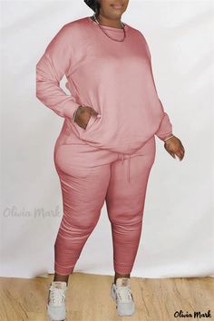 Olivia Mark - Stylish Womens Pink Two-Piece Set with Solid Patchwork Design, O-Neck, and Long Sleeves Casual Pink V-neck Sets, Pink V-neck Workwear Set, Pink V-neck Set For Work, Pink Two Piece Set, Sleeveless Blazer, Plus Size Two Piece, Formal Cocktail Dress, Warm Shoes, Pink Solid