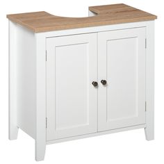 a white cabinet with two doors and a wooden top