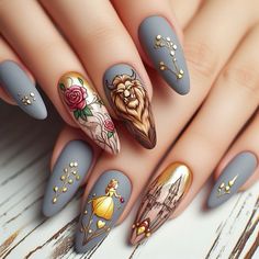 Beauty and the beast inspired nails Nails With Disney Designs, Aladdin Inspired Nails, Once Upon A Time Nails Ideas, Beauty Beast Nail Designs, Beauty Beast Nails, Beauty And Beast Nails Art Ideas, Fairy Tale Nails Art, Crown On Nails, Beauty And The Beast Themed Nails