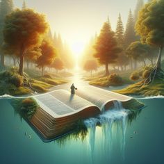 an open book floating in the water with a person standing on top of it, surrounded by trees