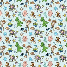 the pattern is very colorful and has many cartoon characters on it, including monkeys, cowboys,