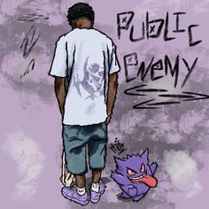 a drawing of a man standing next to a purple pokemon with the word public enemy written on it