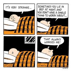 a comic strip with an image of a man laying in bed and the caption says, it's very strange sometimes you lie in bed at night and you don't have a single thing to worry about