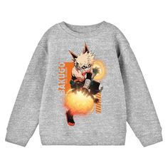 Celebrate your quirks with this My Hero Academia sweatshirt. The sweatshirt features an image of Katsuki Bakugo using his explosion quirk. The sweatshirt comes in an athletic heather long sleeve crew neck. My Hero Academia fans will love this comfy and cozy sweatshirt. Fun Character Design, Games Outside, Katsuki Bakugo, Comfy Couch, Sweatshirt Fabric, Branded Sweatshirts, Long Sleeve Sweatshirt, Cozy Sweatshirts, Oversized Sweatshirt