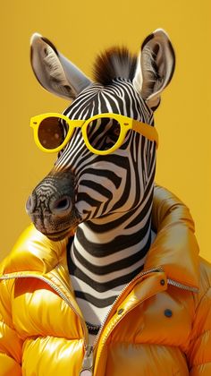 a zebra wearing sunglasses and a yellow jacket