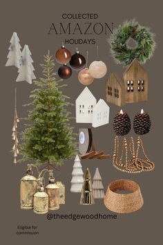 an assortment of christmas decorations and trees on a gray background with the words, collected amazon holidays